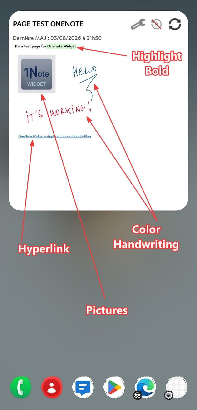 Widget showing formatted text, images, ink and links