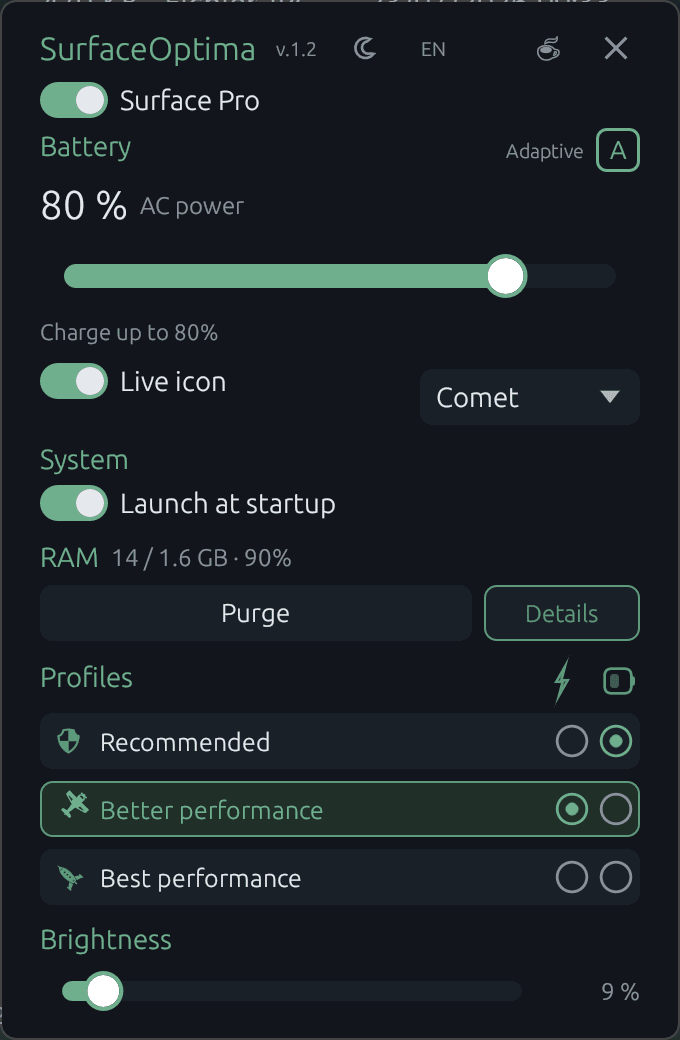 Surface Optima interface — dark theme