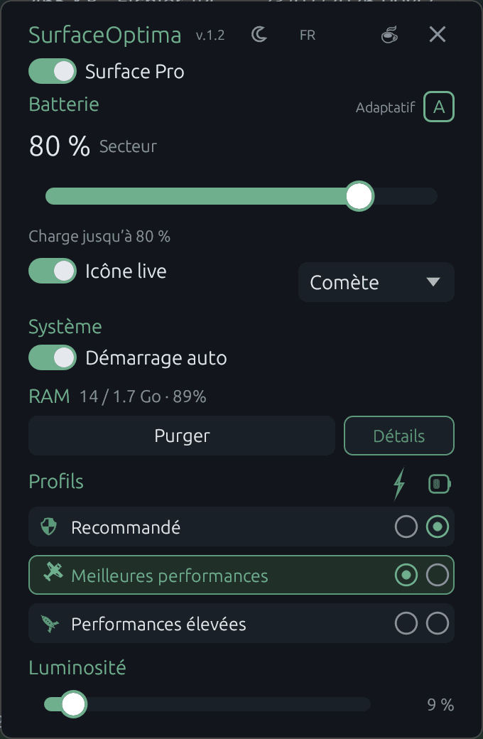 Interface Surface Optima — thème sombre