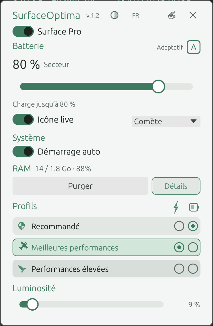 Interface Surface Optima — thème clair